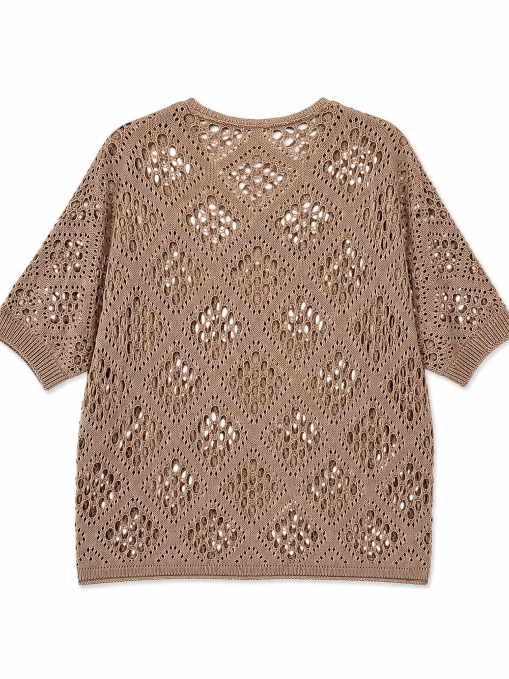Crochet Fisherman Boho-Chic Open Weave Short Sleeve Taupe Sweater, Size Medium - Picture 8 of 10